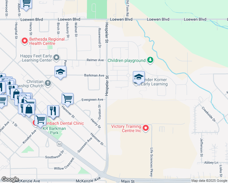 map of restaurants, bars, coffee shops, grocery stores, and more near 2 Brighton Lane in Steinbach