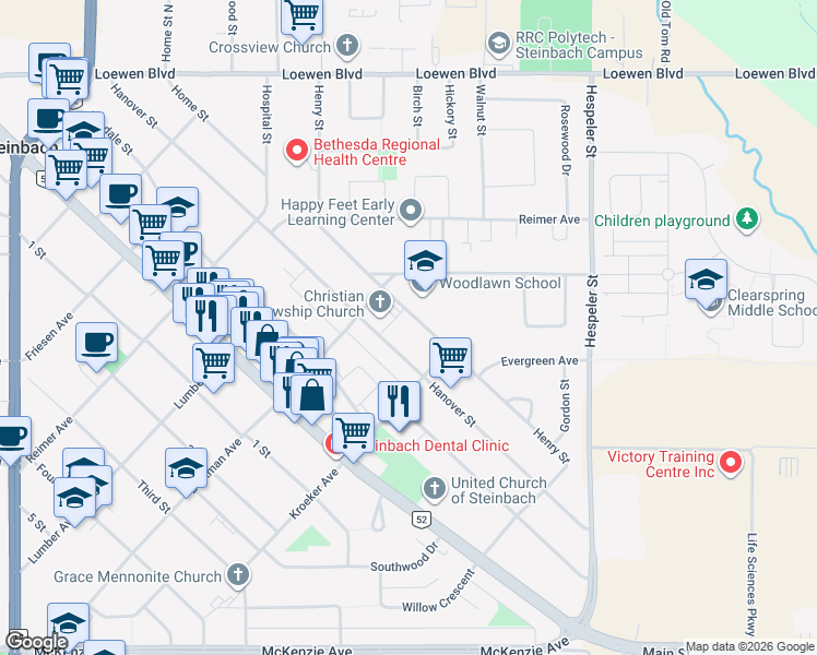 map of restaurants, bars, coffee shops, grocery stores, and more near 431 Hanover Street in Steinbach