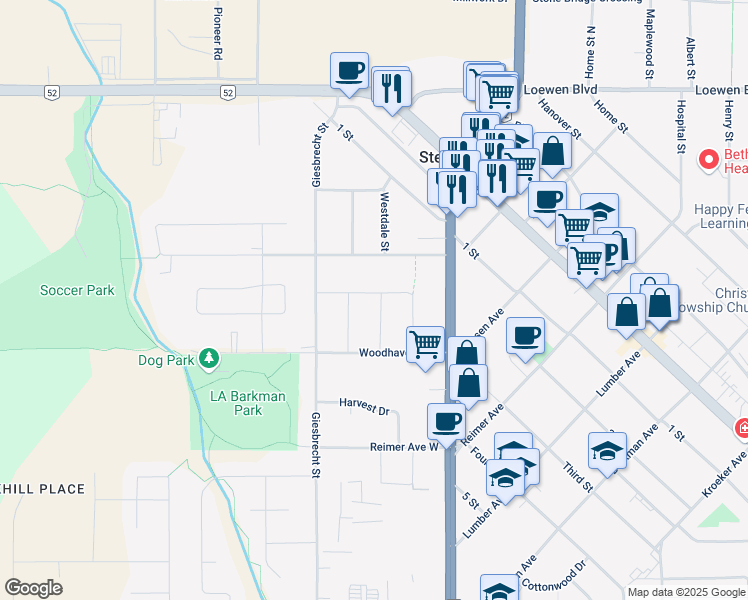 map of restaurants, bars, coffee shops, grocery stores, and more near 104 Greenwood Street in Steinbach