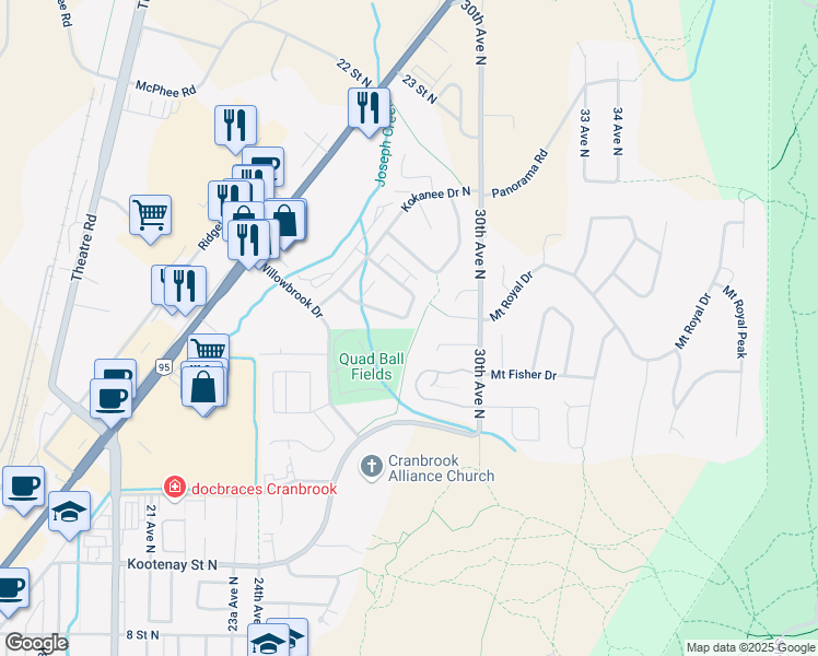 map of restaurants, bars, coffee shops, grocery stores, and more near 1867 Kelowna Crescent in Cranbrook