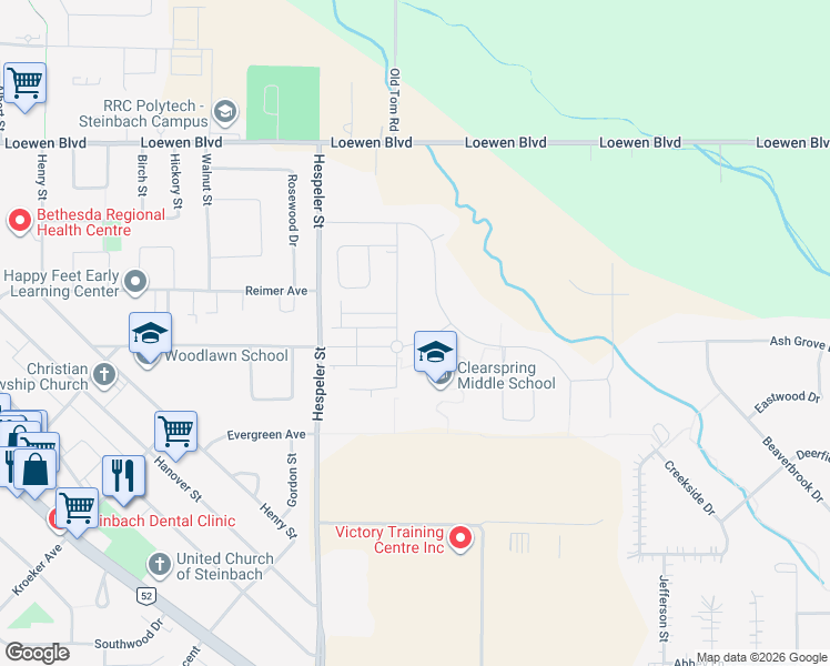 map of restaurants, bars, coffee shops, grocery stores, and more near Brighton Lane in Steinbach