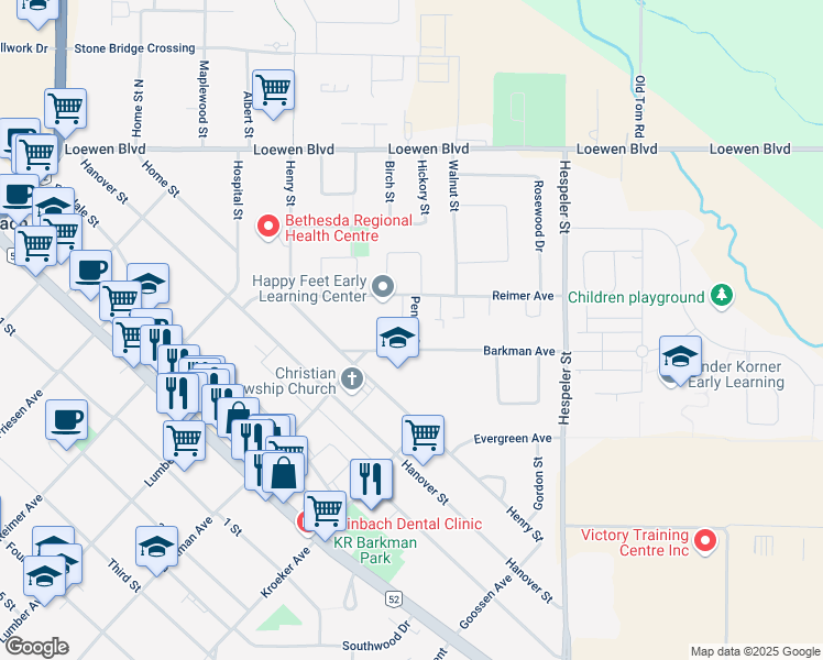 map of restaurants, bars, coffee shops, grocery stores, and more near 507 Penner Street in Steinbach