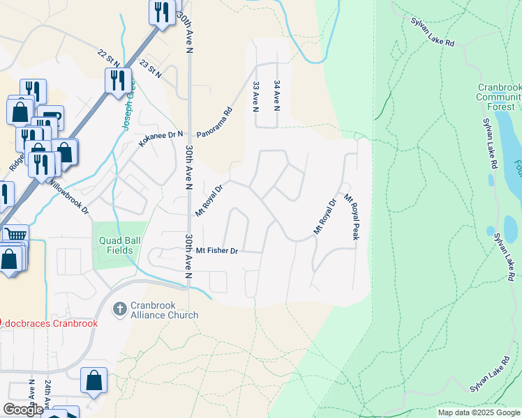 map of restaurants, bars, coffee shops, grocery stores, and more near 3308 Mount Royal Drive in Cranbrook