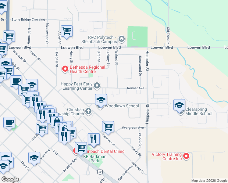 map of restaurants, bars, coffee shops, grocery stores, and more near 506 Reimer Avenue in Steinbach