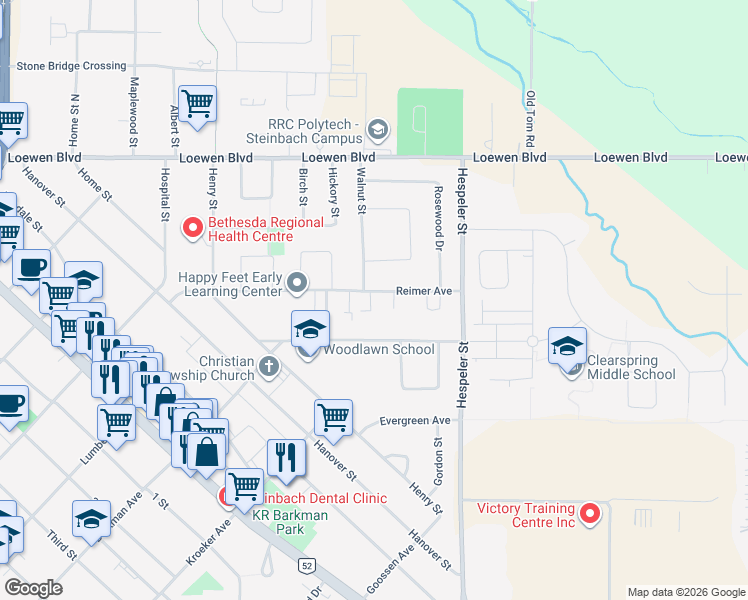 map of restaurants, bars, coffee shops, grocery stores, and more near 524 Reimer Avenue in Steinbach