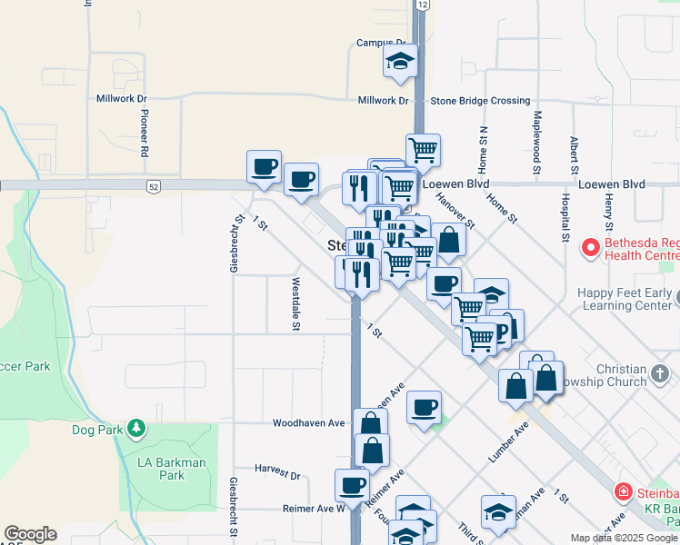 map of restaurants, bars, coffee shops, grocery stores, and more near 32 Brandt Street in Steinbach