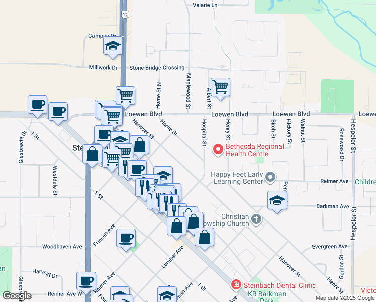 map of restaurants, bars, coffee shops, grocery stores, and more near 248 Home Street in Steinbach