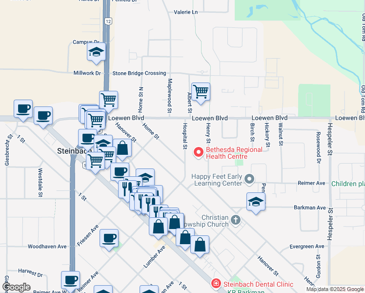 map of restaurants, bars, coffee shops, grocery stores, and more near 406 Hospital Street in Steinbach