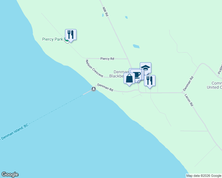 map of restaurants, bars, coffee shops, grocery stores, and more near 3390 Denman Road in Denman Island