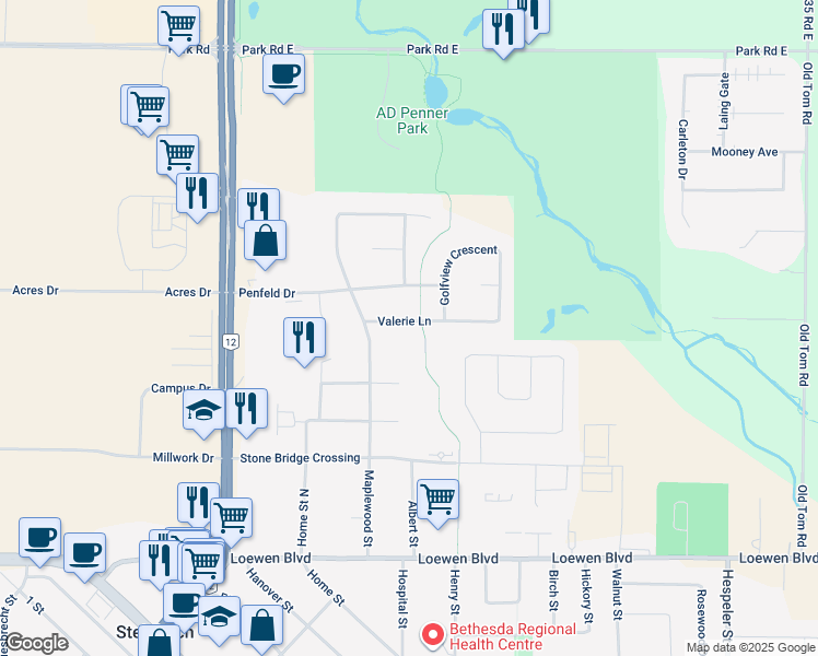 map of restaurants, bars, coffee shops, grocery stores, and more near 260 Valerie Lane in Steinbach