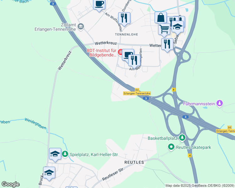 map of restaurants, bars, coffee shops, grocery stores, and more near 3 An der Autobahn in Erlangen