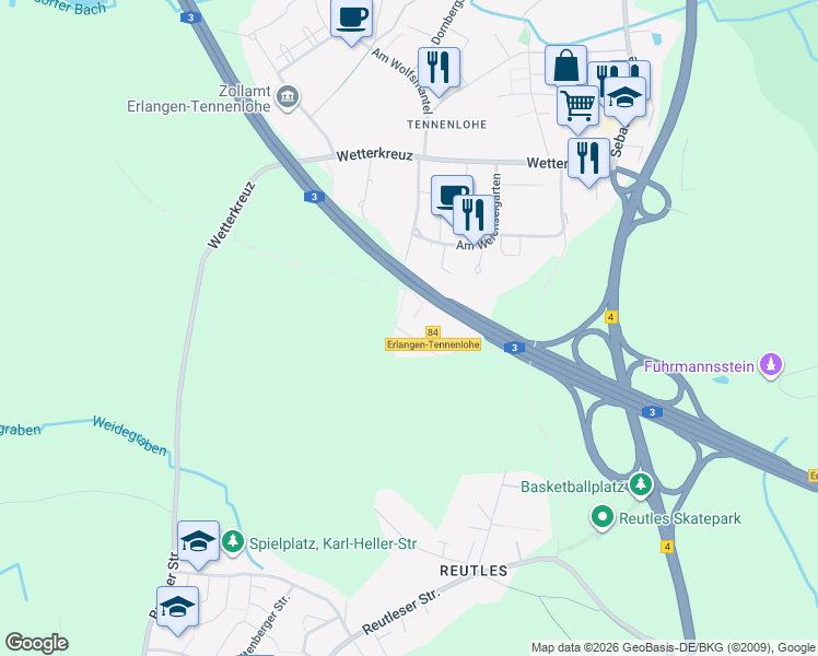 map of restaurants, bars, coffee shops, grocery stores, and more near 3 An der Autobahn in Erlangen