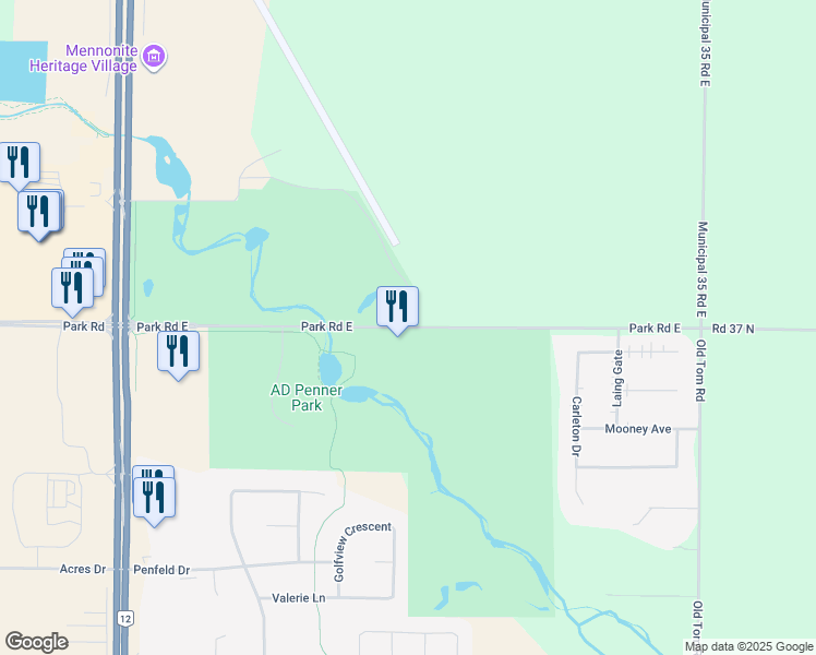 map of restaurants, bars, coffee shops, grocery stores, and more near Park Road East in Steinbach