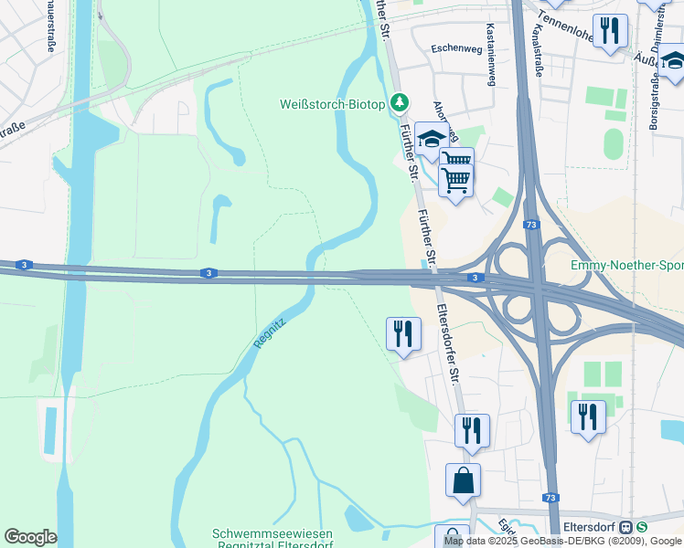map of restaurants, bars, coffee shops, grocery stores, and more near A3 in Erlangen