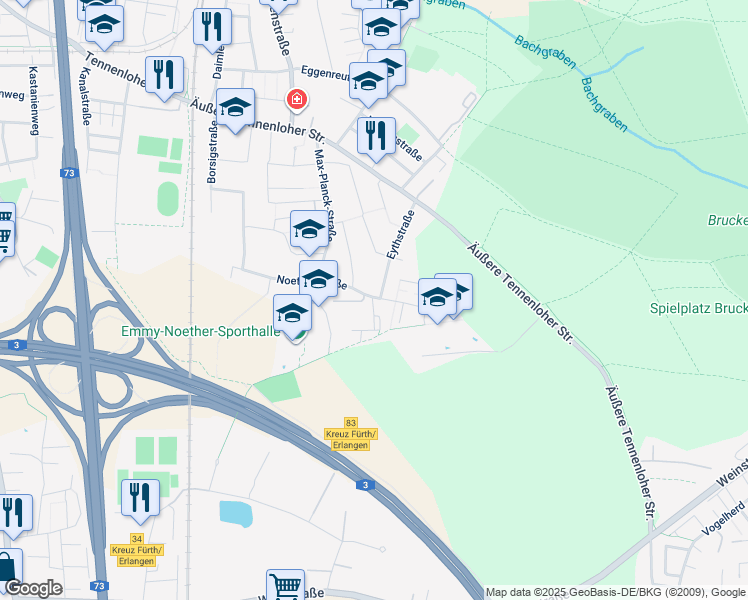 map of restaurants, bars, coffee shops, grocery stores, and more near in Erlangen