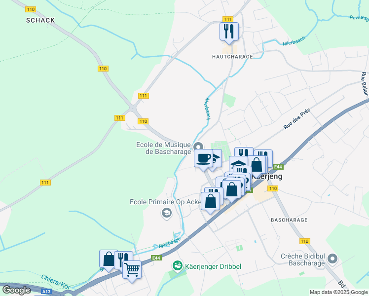 map of restaurants, bars, coffee shops, grocery stores, and more near in Käerjeng