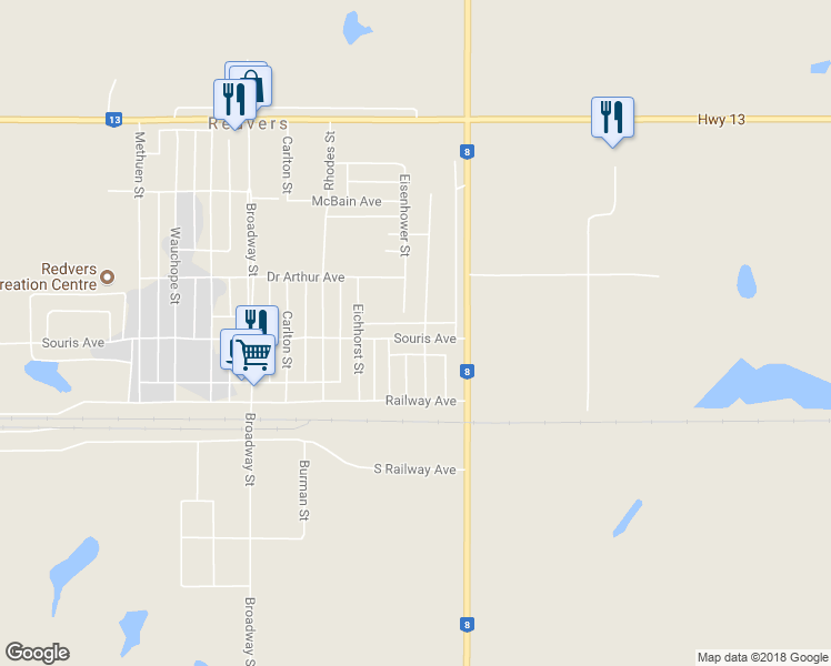 map of restaurants, bars, coffee shops, grocery stores, and more near 10 Souris Avenue in Redvers