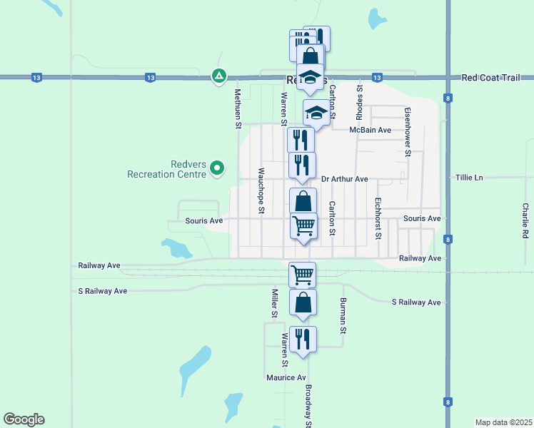 map of restaurants, bars, coffee shops, grocery stores, and more near 12 Wauchope Street in Redvers