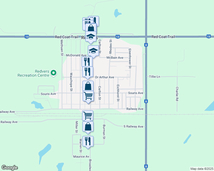 map of restaurants, bars, coffee shops, grocery stores, and more near 23 Rhodes Street in Redvers