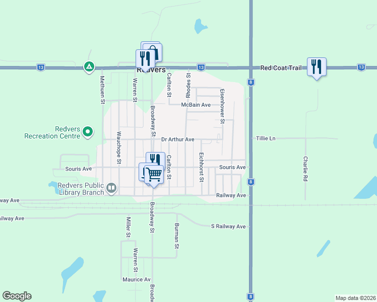 map of restaurants, bars, coffee shops, grocery stores, and more near 17 Eichhorst Street in Redvers