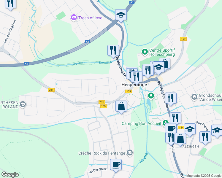 map of restaurants, bars, coffee shops, grocery stores, and more near in Hesperange