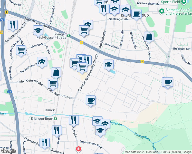 map of restaurants, bars, coffee shops, grocery stores, and more near 2 Schuckertstraße in Erlangen