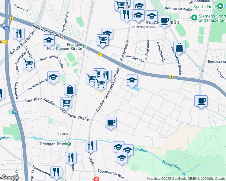 map of restaurants, bars, coffee shops, grocery stores, and more near 2 Schuckertstraße in Erlangen