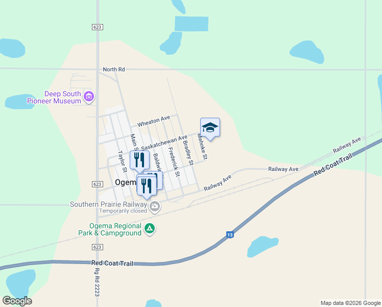 map of restaurants, bars, coffee shops, grocery stores, and more near 205 Bradley Street in Ogema