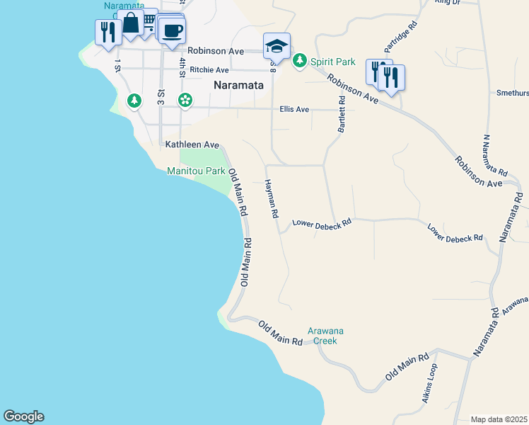 map of restaurants, bars, coffee shops, grocery stores, and more near 3145 Hayman Road in Naramata