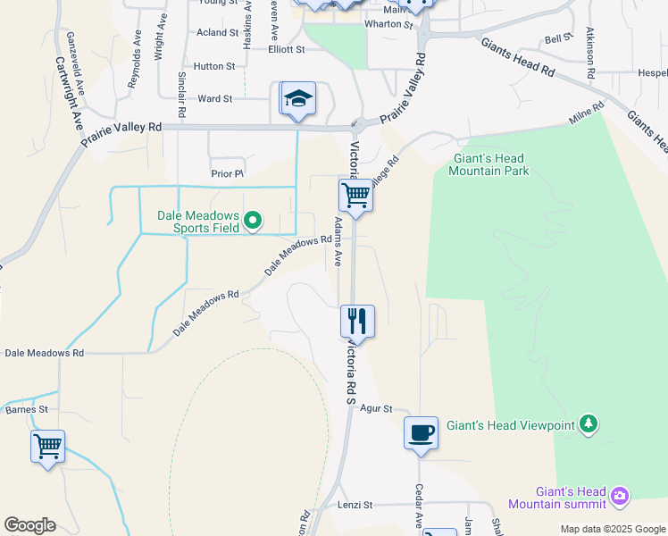 map of restaurants, bars, coffee shops, grocery stores, and more near 11020 Adams Avenue in Summerland
