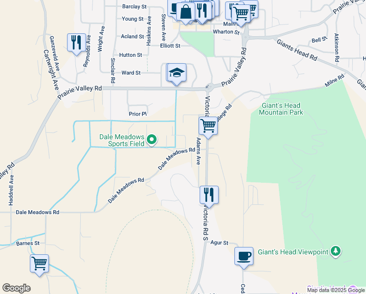 map of restaurants, bars, coffee shops, grocery stores, and more near 10300 Dale Meadows Road in Summerland
