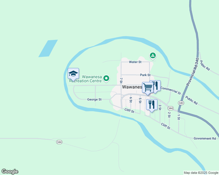 map of restaurants, bars, coffee shops, grocery stores, and more near 413 Commercial Street in Wawanesa