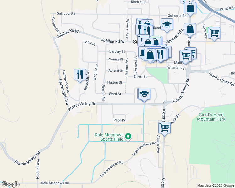 map of restaurants, bars, coffee shops, grocery stores, and more near Ward Street in Summerland