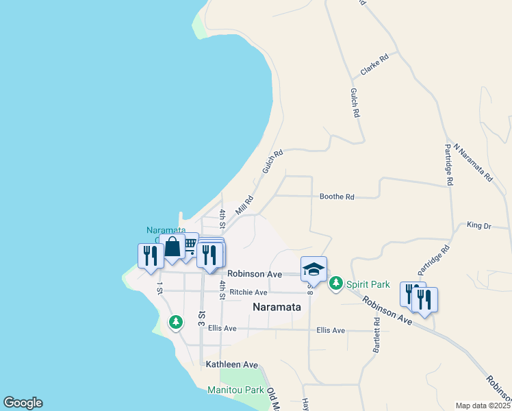 map of restaurants, bars, coffee shops, grocery stores, and more near 585 Boothe Road in Naramata