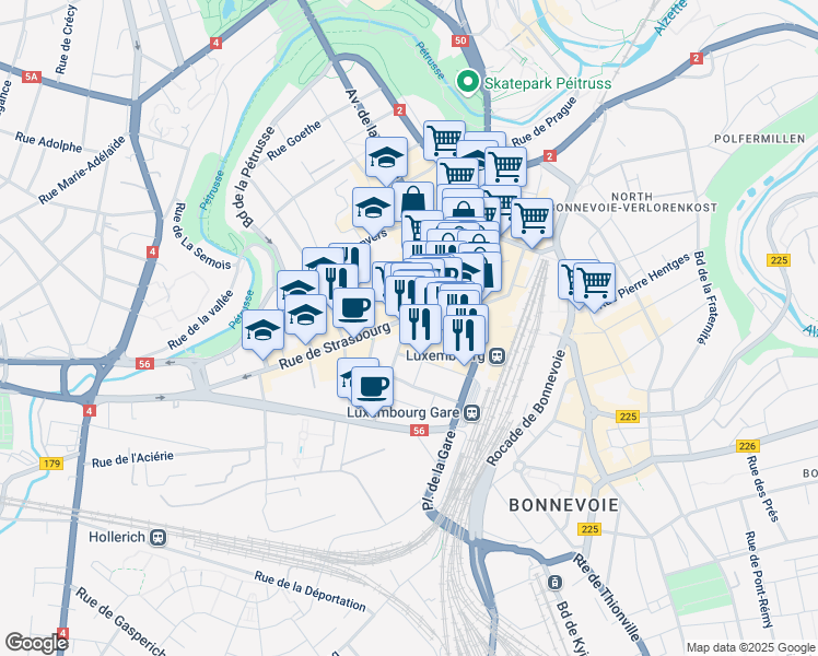 map of restaurants, bars, coffee shops, grocery stores, and more near 30 Rue Joseph Junck in Luxembourg