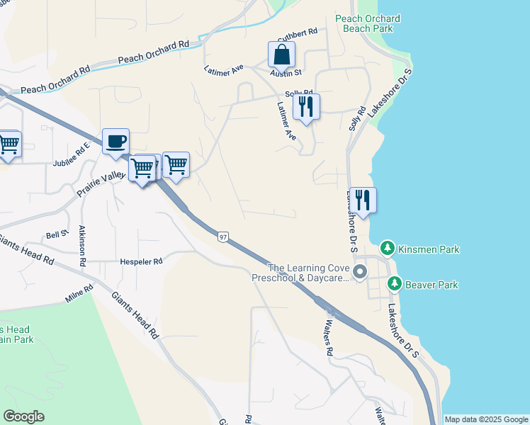 map of restaurants, bars, coffee shops, grocery stores, and more near 6318 Faircrest Street in Summerland