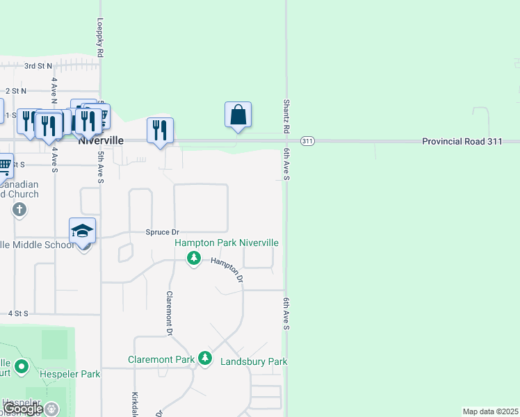 map of restaurants, bars, coffee shops, grocery stores, and more near 39 Cobblestone Court in Niverville