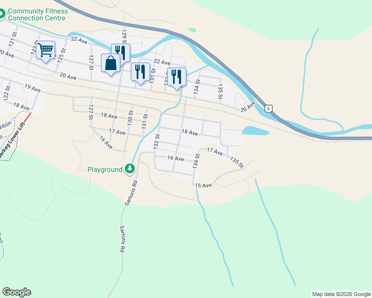 map of restaurants, bars, coffee shops, grocery stores, and more near 13301 17 Avenue in Crowsnest Pass
