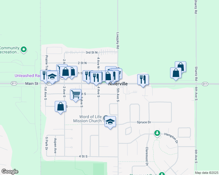 map of restaurants, bars, coffee shops, grocery stores, and more near 226 Main Street in Niverville