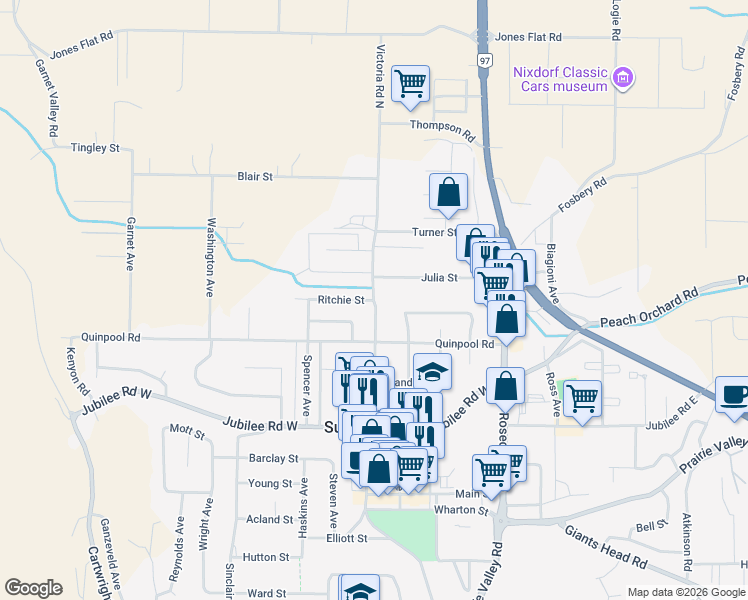 map of restaurants, bars, coffee shops, grocery stores, and more near Victoria Road North in Summerland