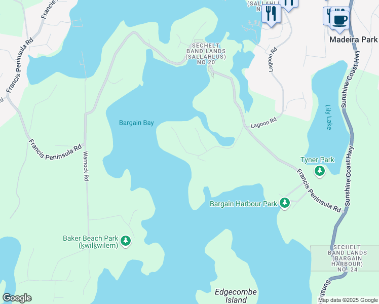 map of restaurants, bars, coffee shops, grocery stores, and more near 4847 Bowsprit Road in Madeira Park