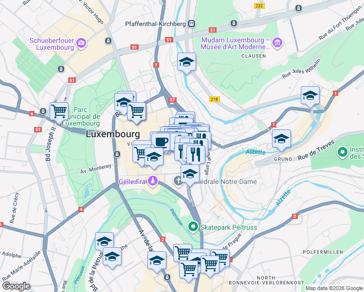 map of restaurants, bars, coffee shops, grocery stores, and more near in Luxembourg