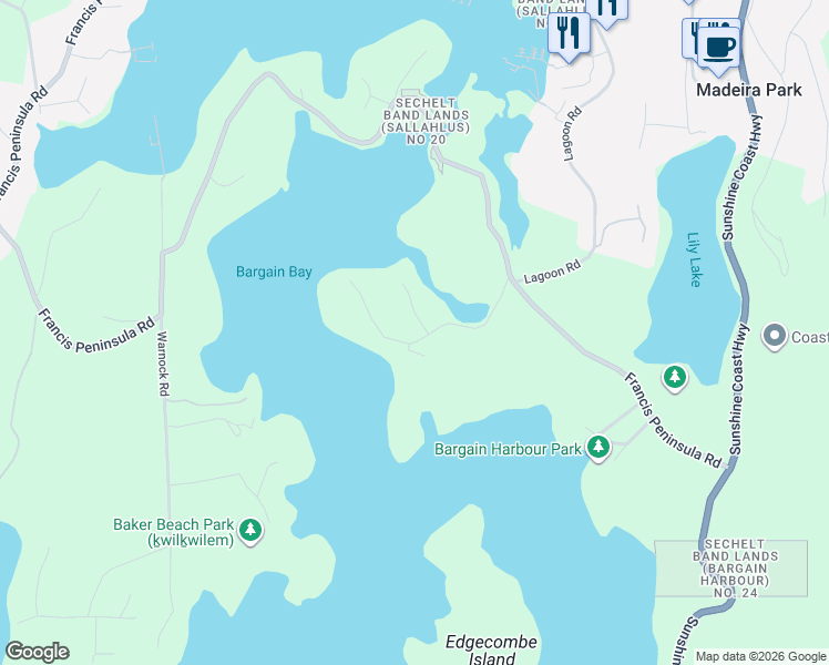 map of restaurants, bars, coffee shops, grocery stores, and more near 4870 Bowsprit Road in Madeira Park