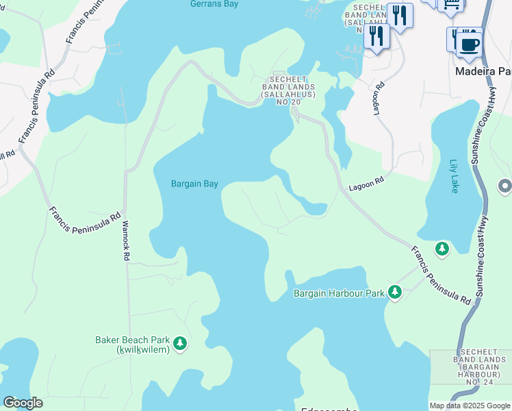 map of restaurants, bars, coffee shops, grocery stores, and more near 4837 Bowsprit Road in Madeira Park