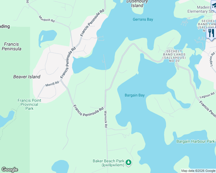 map of restaurants, bars, coffee shops, grocery stores, and more near 12712 Warnock Road in Madeira Park