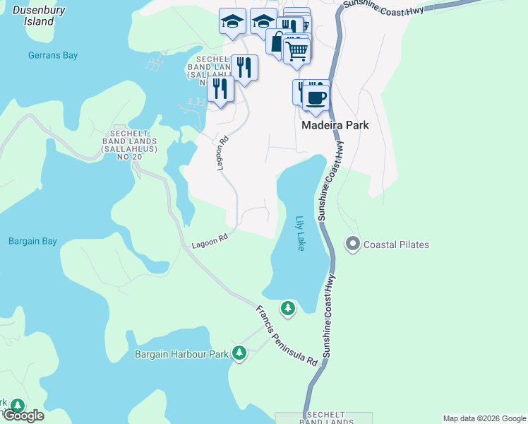 map of restaurants, bars, coffee shops, grocery stores, and more near 12710 Lagoon Road in Madeira Park
