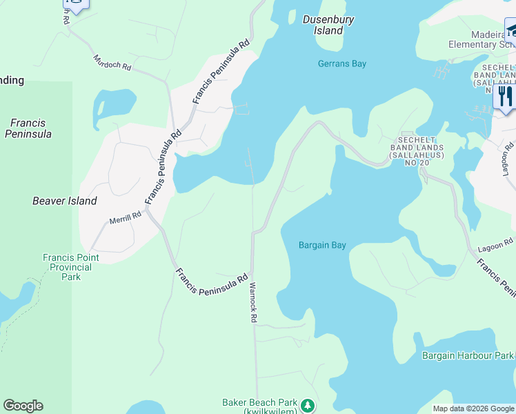 map of restaurants, bars, coffee shops, grocery stores, and more near 12732 Warnock Road in Madeira Park