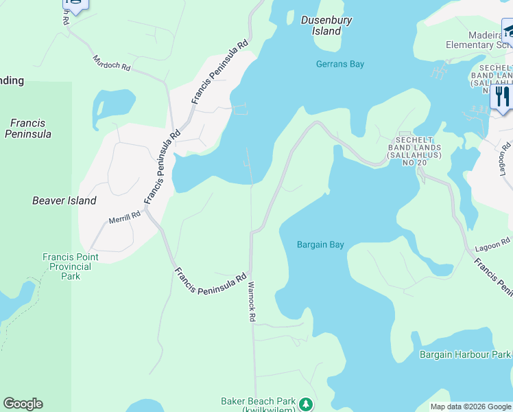 map of restaurants, bars, coffee shops, grocery stores, and more near 12712 Warnock Road in Madeira Park