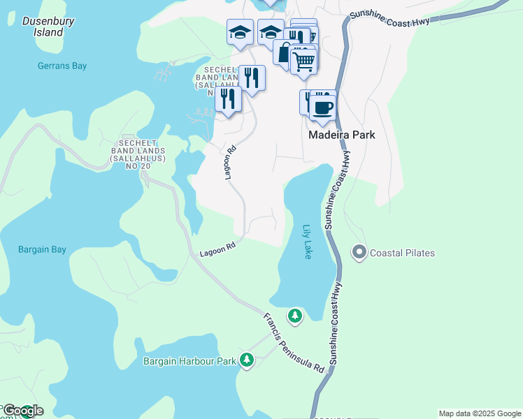 map of restaurants, bars, coffee shops, grocery stores, and more near 12710 Lagoon Road in Madeira Park