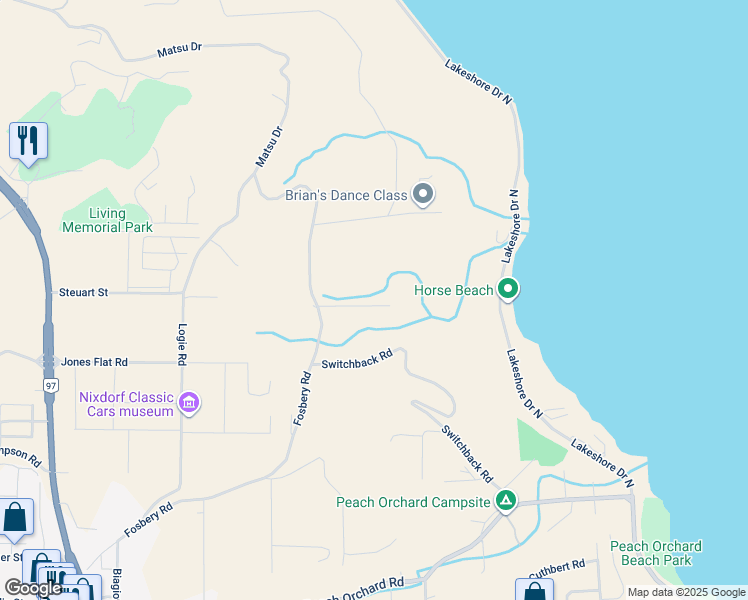 map of restaurants, bars, coffee shops, grocery stores, and more near 16423 Kean Street in Summerland